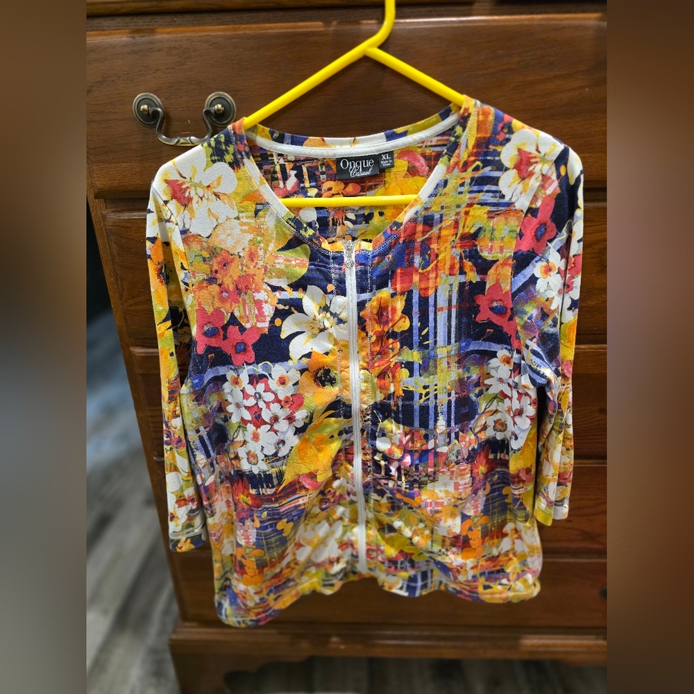 Onque Casuals Vibrant Floral Zip-Up Sweater, Size XL
